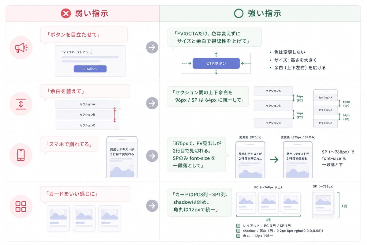 「弱い指示」と「強い指示」の比較。「ボタンを目立たせて」より「FVのCTAだけ、色は変えずにサイズと余白で視認性を上げて」のように、対象と方法を具体的に伝える例